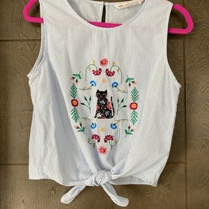 Blue and white striped cat embroidered tank